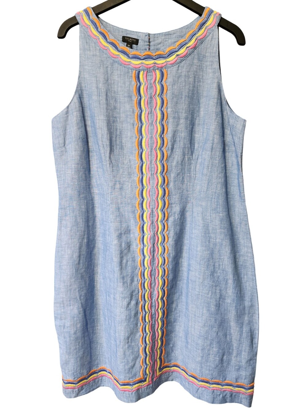 TALBOTS New Blue Linen Chambray Scallop Embroidered Shift Dress Sz 12P MSRP $129